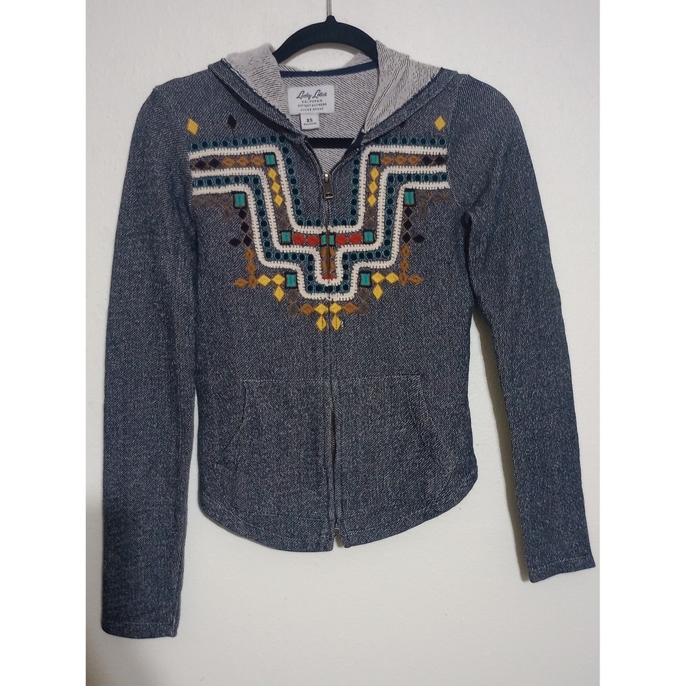 Lucky Brand Lucky Lotus Blue Embroidered Boho Full Zip Hoodie Sweatshirt XS